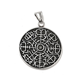 304 Stainless Steel Manual Polishing Pendants, Flat Round with Vegvisir Charms