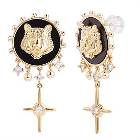 Clear Cubic Zirconia Lion with Cross Dangle Earrings with Enamel, Golden Brass Jewelry for Women