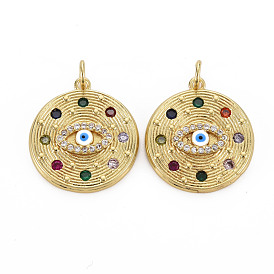 Brass Micro Pave Cubic Zirconia Pendants, Enamel, with Jump Rings, Nickel Free, Flat Round with Eye