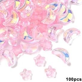 100 шт. 2 стили прозрачные стеклянные бусины, окрашенные распылением, звезда и луна, с блеском порошок