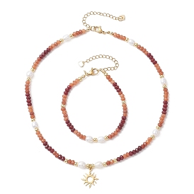 Комплекты браслетов и ожерелий из натурального окрашенного малайзийского нефрита и натурального культивированного пресноводного жемчуга, 304 нержавеющей стали ювелирных изделий