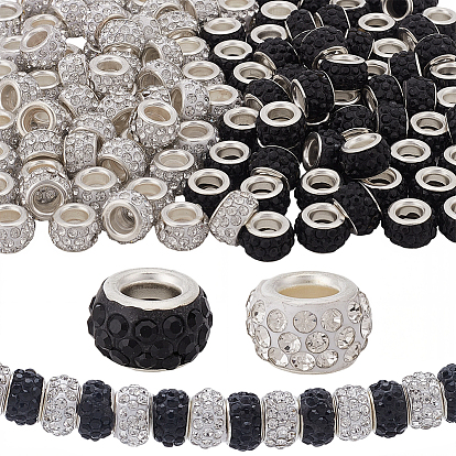 120 шт. 2 цвета, полимерная глина, стразы, европейские бусины с большими отверстиями и латунными сердечниками с серебряным покрытием, рондель