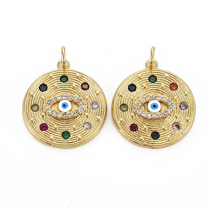 Brass Micro Pave Cubic Zirconia Pendants, Enamel, with Jump Rings, Nickel Free, Flat Round with Eye