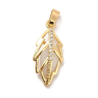 Brass Micro Pave Clear Cubic Zirconia Pendants, with White Glass, Leaf Charm