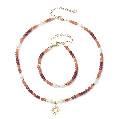 Комплекты браслетов и ожерелий из натурального окрашенного малайзийского нефрита и натурального культивированного пресноводного жемчуга, 304 нержавеющей стали ювелирных изделий