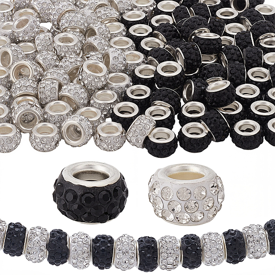 120 шт. 2 цвета, полимерная глина, стразы, европейские бусины с большими отверстиями и латунными сердечниками с серебряным покрытием, рондель