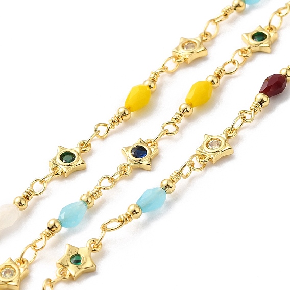 Handmade Teardrop Glass Beaded Chains, Real 18K Gold Plated Star Brass Cubic Zirconia Chains, Soldered, with Spool, Cadmium Free & Lead Free