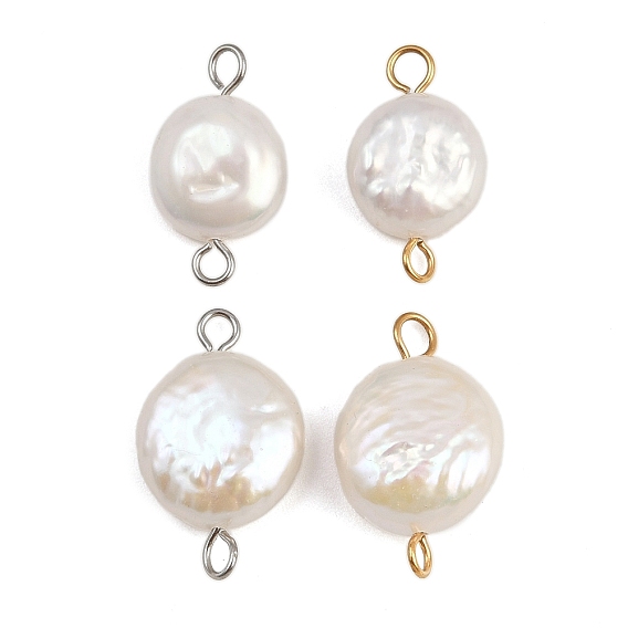 Плоские круглые подвески-соединители из натурального пресноводного жемчуга Кеши, с 304 двойными петлями из нержавеющей стали, белые