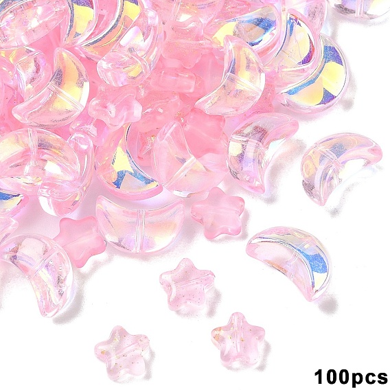 100 шт. 2 стили прозрачные стеклянные бусины, окрашенные распылением, звезда и луна, с блеском порошок