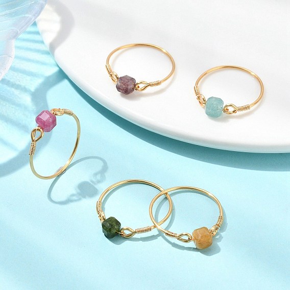 Кольца на палец из натуральных разноцветных турмалиновых бусин, кубические, с экологически чистой медной проволокой для женщин