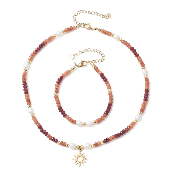 Комплекты браслетов и ожерелий из натурального окрашенного малайзийского нефрита и натурального культивированного пресноводного жемчуга, 304 нержавеющей стали ювелирных изделий