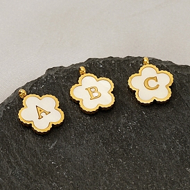 Golden Tone Stainless Steel Pave White Shell Letter Flower Charms