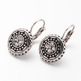 316 Surgical Stainless Steel Leverback Earrings, Flat Round, with Rhinestones