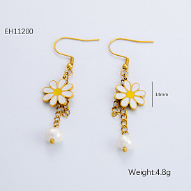 304 из нержавеющей стали эмаль болтаться серьги, с пластиковой жемчужины, цветок