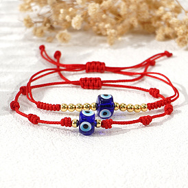 2Pcs Glass & Brass Beads Braided Bead Bracelets, Waxed Cord Braided Bracelets for Women, Column with Evil Eye, Golden