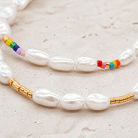 2 piezas 2 estilos conjuntos de pulseras elásticas con perlas de imitación ovaladas y cuentas de semillas, pulseras apilables ajustables para mujer