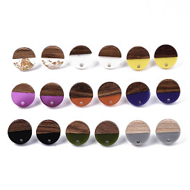 Resin & Walnut Wood Stud Earring Findings, with 304 Stainless Steel Pin, Flat Round, Mixed Style