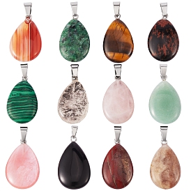 12Pcs 12 Style Natural & Synthetic Gemstone Pendants, with Platinum Tone Brass Findings, Teardrop