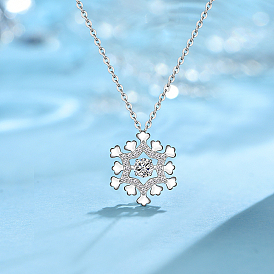 925 Sterling Silver Snowflake Heart Pendant Necklaces for Women, Silver Color Plated