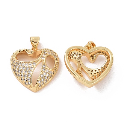 Brass Micro Pave Cubic Zirconia Pendants, Cadmium Free & Lead Free, Hollow Heart Charm