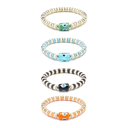 4Pcs 4 Color Handmade Evil Eye Lampwork Column Beaded Stretch Bracelets Set, Polymer Clay Heishi Surfer Preppy Bracelets for Woman