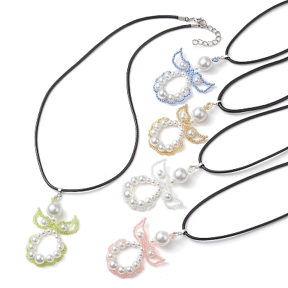 Perles de rocaille en verre et colliers à pendentif ange en perles de coquillage, colliers avec cordon en simili cuir pour femme
