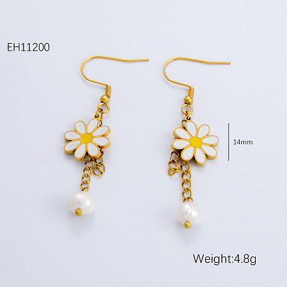 304 из нержавеющей стали эмаль болтаться серьги, с пластиковой жемчужины, цветок