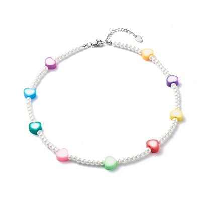 Glass Pearl Round Beaded Necklaces for Kid, with Polymer Clay Heart Beads