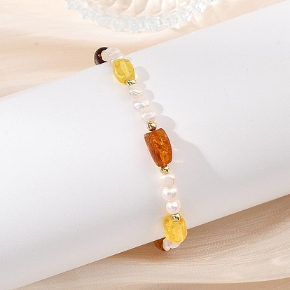 Эластичные браслеты из натурального янтаря и культивированного пресноводного жемчуга для женщин., прямоугольные, с латунным