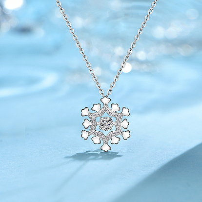 925 Sterling Silver Snowflake Heart Pendant Necklaces for Women, Silver Color Plated