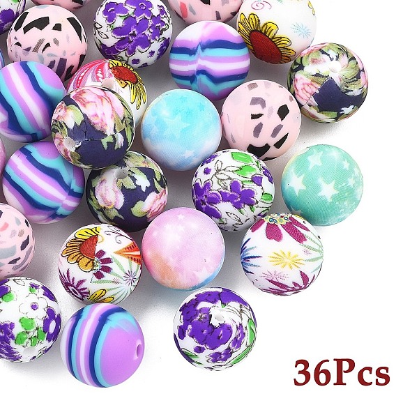 36Pcs 6 Styles Round Food Grade Eco-Friendly Silicone Focal Beads