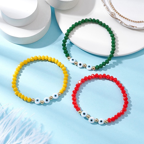 3шт. стеклянные бусины тянущиеся браслеты, браслеты из плоских круглых бусин ручной работы от сглаза для женщин и мужчин, граненые
