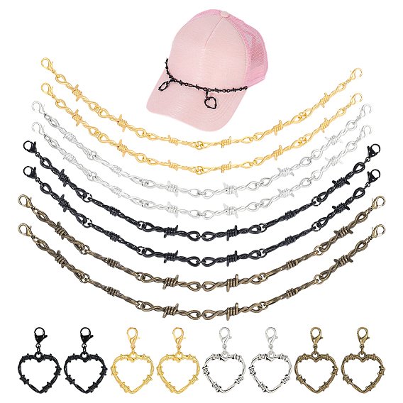 16Pcs Heart Zinc Alloy Hat Chian and Pendant Decorations, with Alloy Lobster Claw Clasps