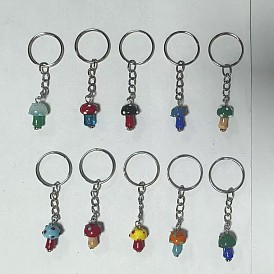 10 Llavero con colgante de hongo de lampwork de piezas, Con aro de hierro bañado en platino