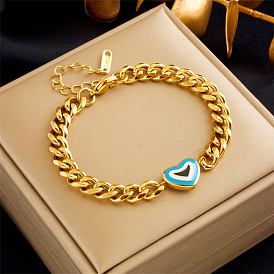 Bracelet minimaliste en acier titane à maillons coeur bleu et blanc chaîne épaisse bicolore accessoire