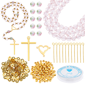 DIY Beaded Religion Necklace Making Kits, Including Ceramic & Glass Round Beads, Alloy Cross Pendant, 304 Stainless Steel Heart Link Connectors