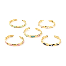 Brazalete colorido mal de ojo con circonitas cúbicas, anillo abierto plano eanmel de latón chapado en oro real 18k para mujer, sin plomo y cadmio