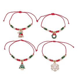 4Pcs 4 Style Christmas Theme Alloy Enamel Charm Bracelets Set, Glass Beaded Stackable Braided Bead Bracelets, Christmas Bell & Tree & Snowflake & Wreath