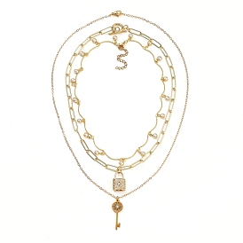 Pendant Necklaces Sets, with Brass Chains, 304 Stainless Steel Toggle Clasps & Lobster Claw Clasps, Brass Micro Pave Cubic Zirconia Pendants, Lock & Key