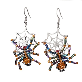 Halloween Braided Glass Seed Beads & 201 Stainless Steel Dangle Earrings, Spider & Web Dangle Earrings for Women