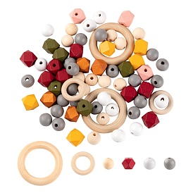 250Pcs 10 Styles Natural Unfinished Wood Beads & Linking Rings, for DIY Craft Making, Annular & Round & Polygon