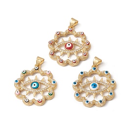 Rack Plating Brass Enamel Pendants, with Cubic Zirconia, Flower with Evil Eye, Real 18K Gold Plated, Long-Lasting Plated