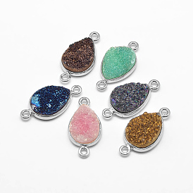Electroplate Natural Druzy Crystal Teardrop Links/Connectors, with Platinum Plated Brass Findings, Dyed, 23x12x4~6mm, Hole: 2mm