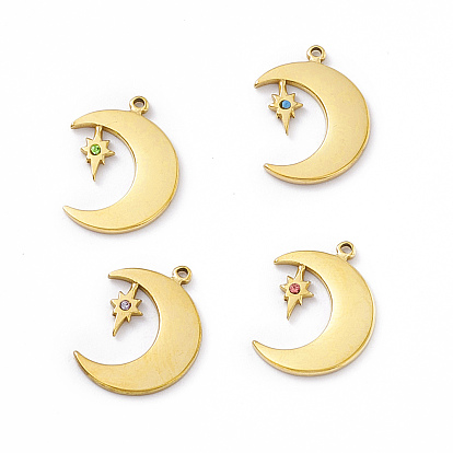 Vacuum Plating 201 Stainless Steel Pendants, with Rhinestone, Real 18K Gold Plated, Moon & Star Charms