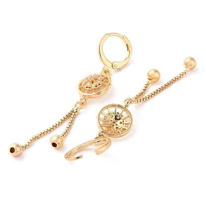 Rhinestone Flower Leverback Earrings, Brass Chains Tassel Earrings for Women
