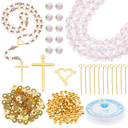 DIY Beaded Religion Necklace Making Kits, Including Ceramic & Glass Round Beads, Alloy Cross Pendant, 304 Stainless Steel Heart Link Connectors