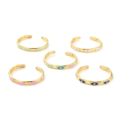 Brazalete colorido mal de ojo con circonitas cúbicas, anillo abierto plano eanmel de latón chapado en oro real 18k para mujer, sin plomo y cadmio