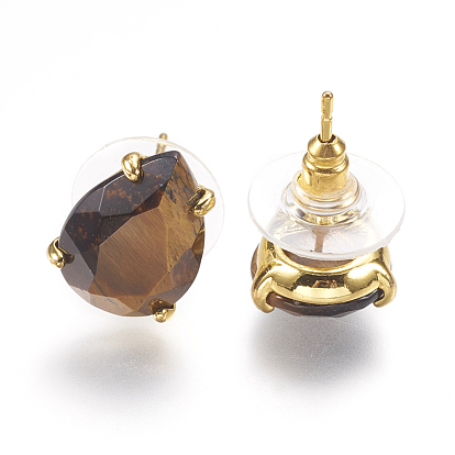 Gemstone Stud Earrings, with Golden Tone Brass Findings, Faceted Teardrop