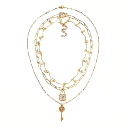 Pendant Necklaces Sets, with Brass Chains, 304 Stainless Steel Toggle Clasps & Lobster Claw Clasps, Brass Micro Pave Cubic Zirconia Pendants, Lock & Key