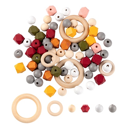 250Pcs 10 Styles Natural Unfinished Wood Beads & Linking Rings, for DIY Craft Making, Annular & Round & Polygon